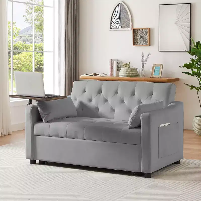Sofa Bed, Futon Couches for Living Room with Side Pocket Adjustable Backrest Velvet Fabric Pull Out Couch Small Loveseat Sectional Sofa Bed
