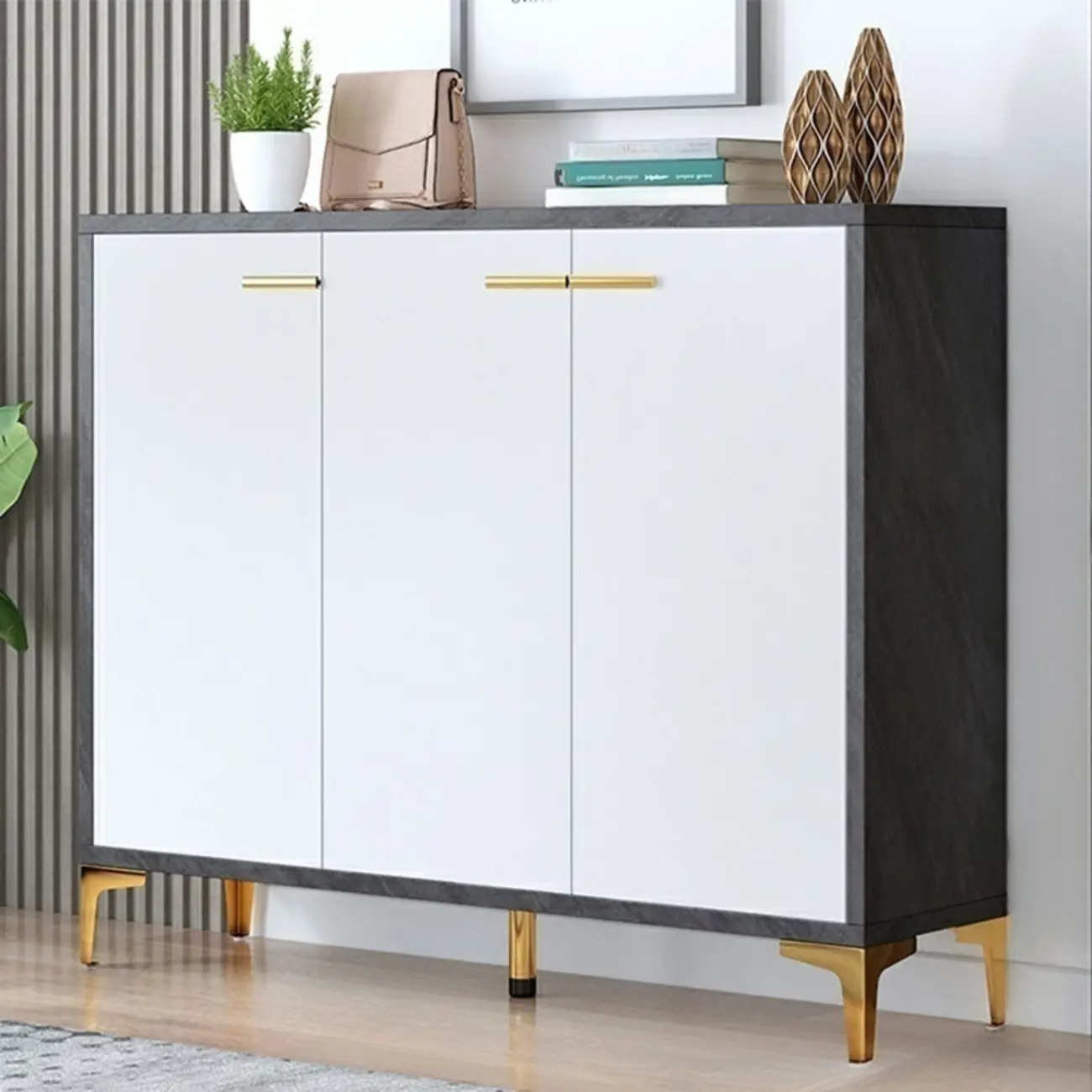 Elegant Grey Wood Hallway Shoe Cabinet with Metal Legs