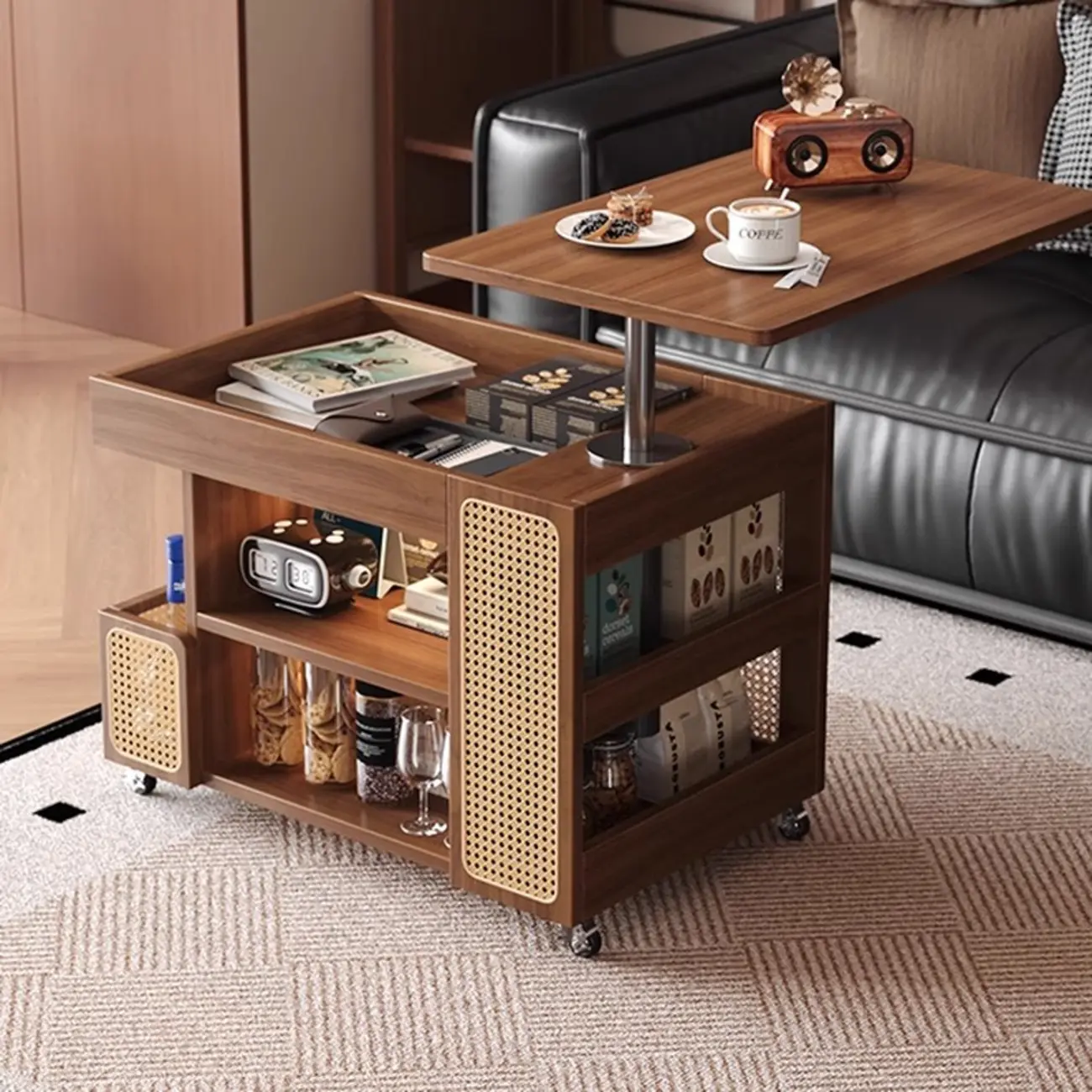 Nut-brown Adjustable Lift Top Wood Trolly Side Table