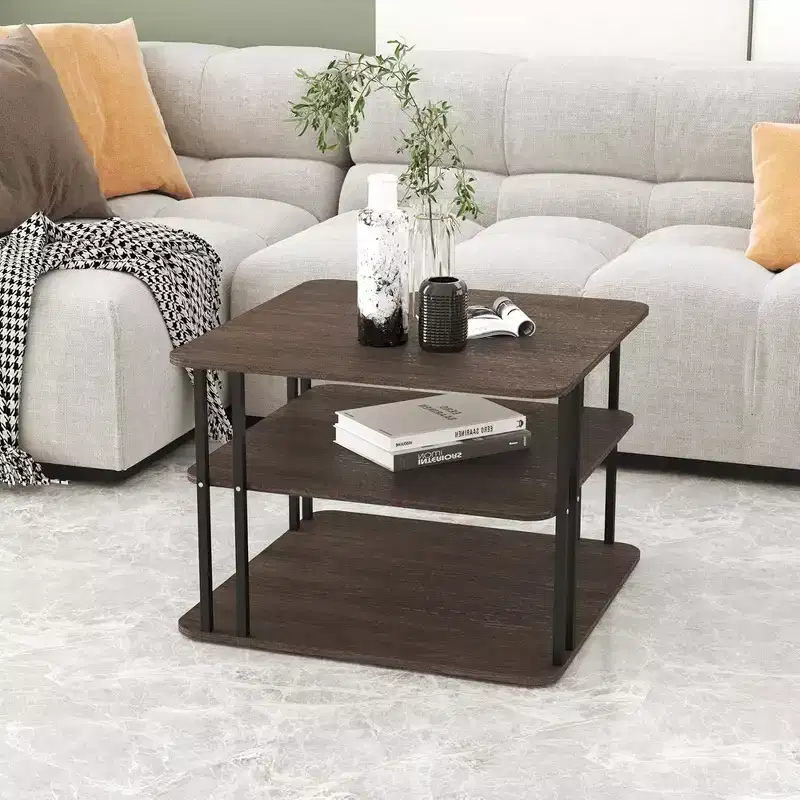 GOLDFAN 3-Tier Square Coffee Table with Storage Modern Living Room Deep Oak/Black