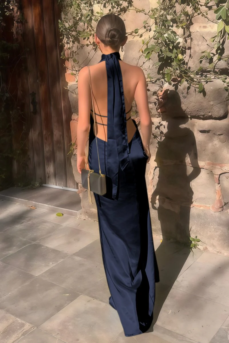 Yellow - Halter Deep V Neck Satin Sheath Backless Long Prom Dresses