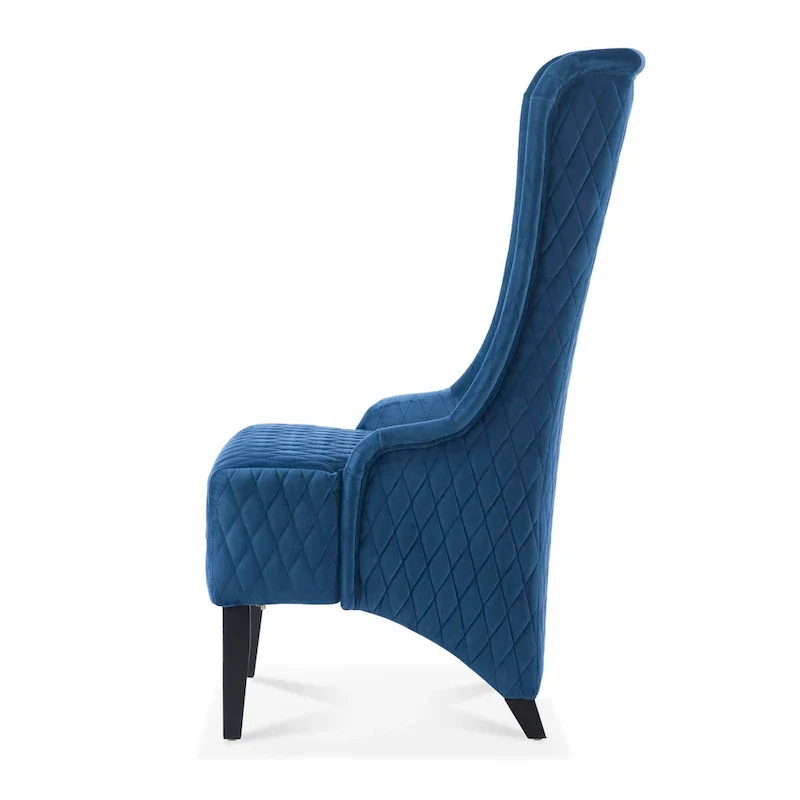 High-backed velvet wing-back chair with wooden legs