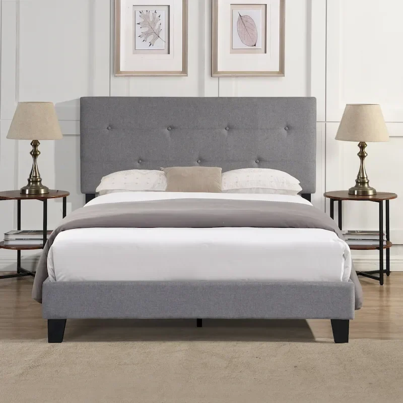 Gray Queen Upholstered Platform Bed, Linen Headboard, For 2