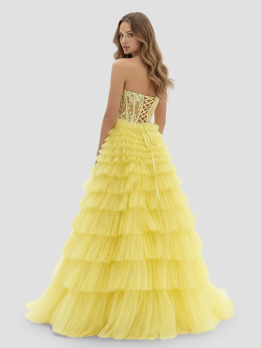 Yellow Sweetheart A Line Tiered Tulle Long Prom Dress
