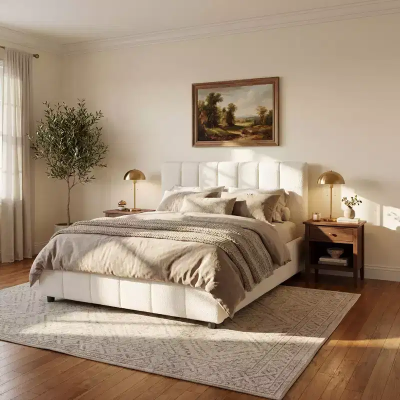 Christopher Knight Home Nittaya Modern Wooden Boucle Upholstered Bed Frame with Thick Headboard