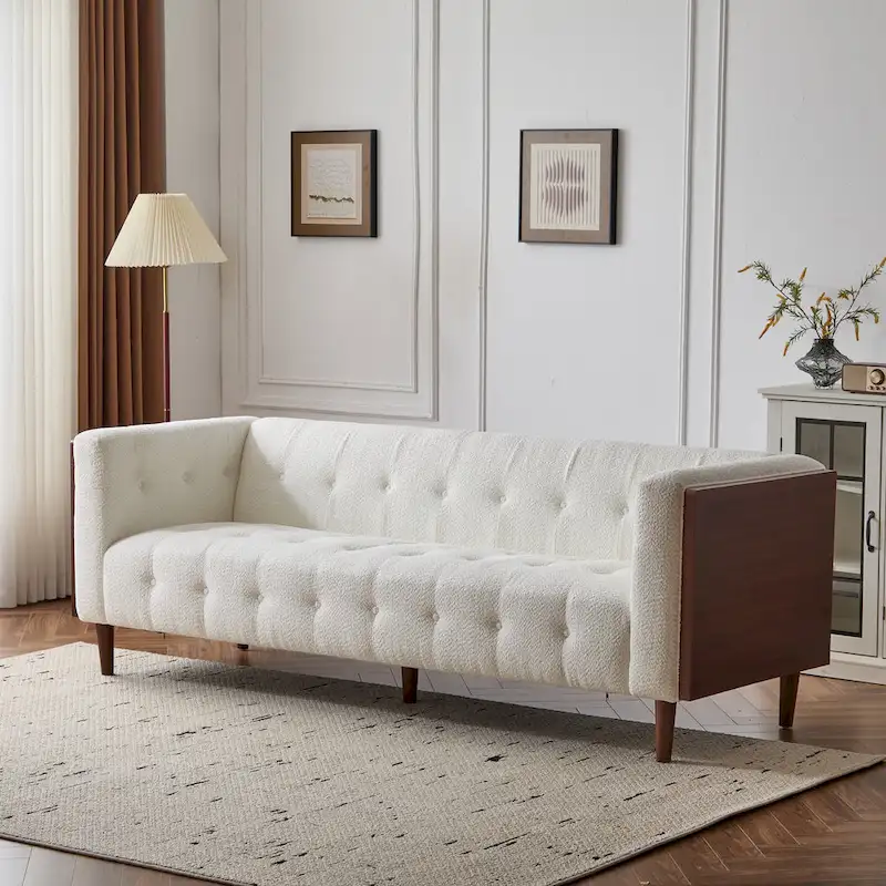 3-Seat Waffle-Tufted Sofa, Navy/Charcoal/Beige+Brown, Rubberwood Legs, Seats 3