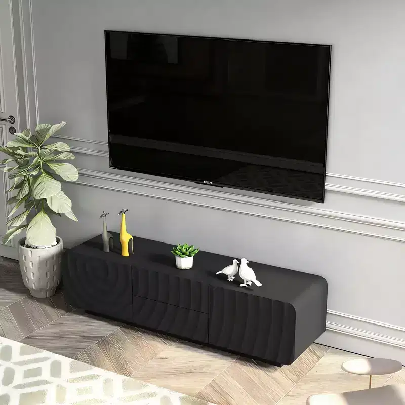 JVNOXK 58''Tv Console With Modern Unique Spiral Wave Design With Storage Cabinet And 2 Drawers Tv Stand For Living Room, Bedroom, Black