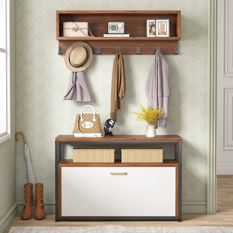 Entryway Coat Rack Shoe Bench Set, Industrial Hall Tree Coat Shoe Rack