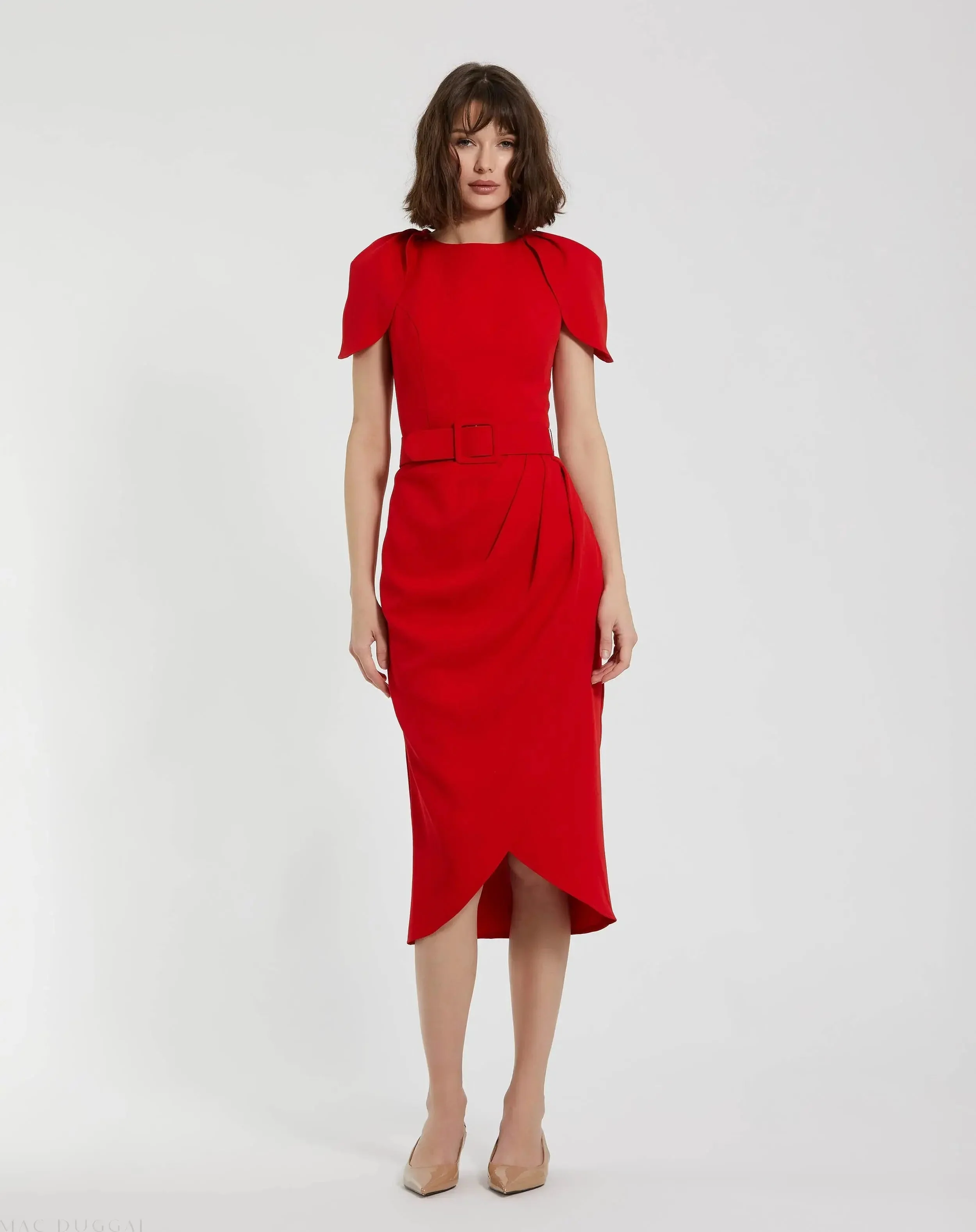 Red Crepe Boat Neck Midi Tulip Dress With Belt