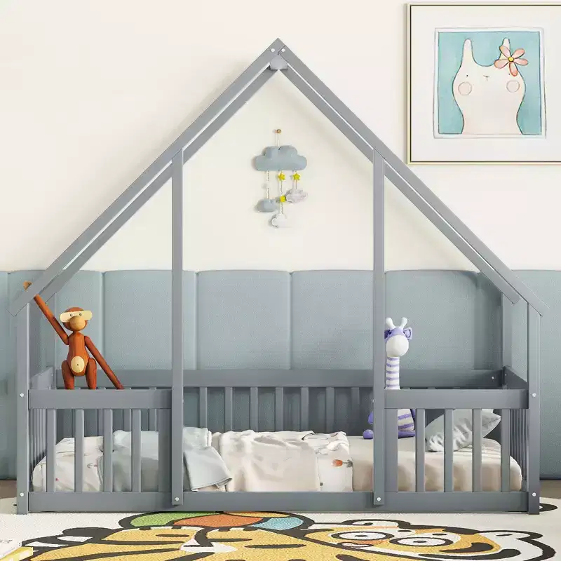 Bellemave Wood House Floor Bed with Roof Frame & Guardrails, Montessori Style Kids Bed, Low Profile Safety Design, Twin/Full Size, Grey/White