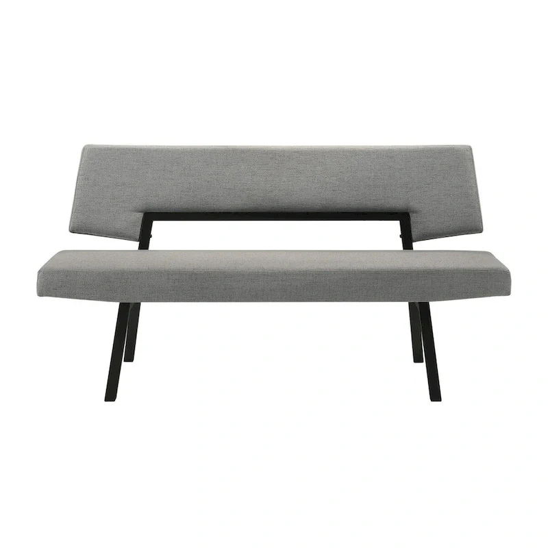 Yumi 63 Inch Dining Bench, Seat and Back with Charcoal Gray Fabric, Black