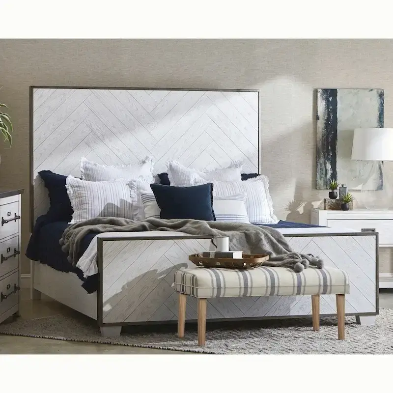Swids Modern Farmhouse Vintage White Bed with Metal Frame