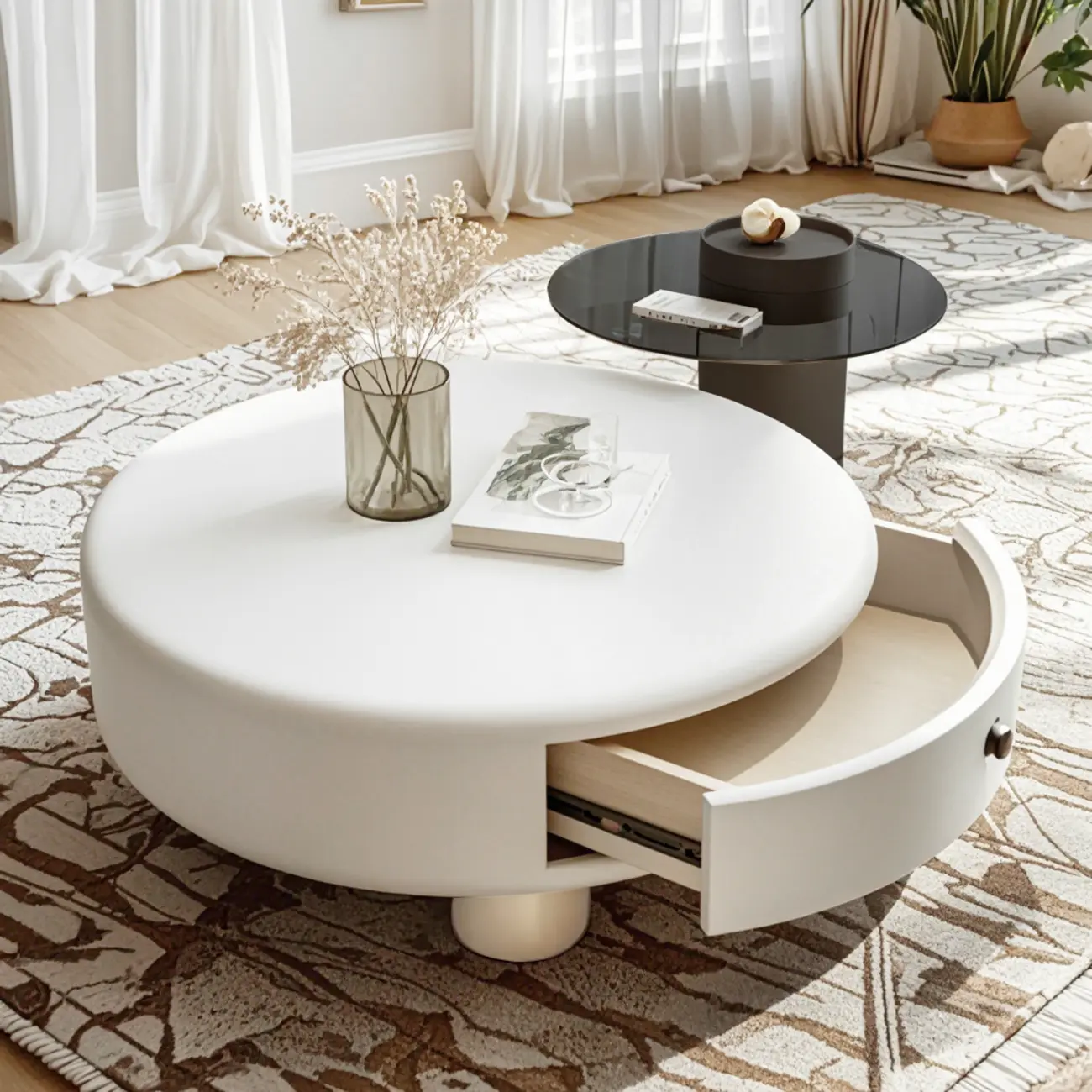 Cream Round Elegant Drawers Round Wood Coffee Table