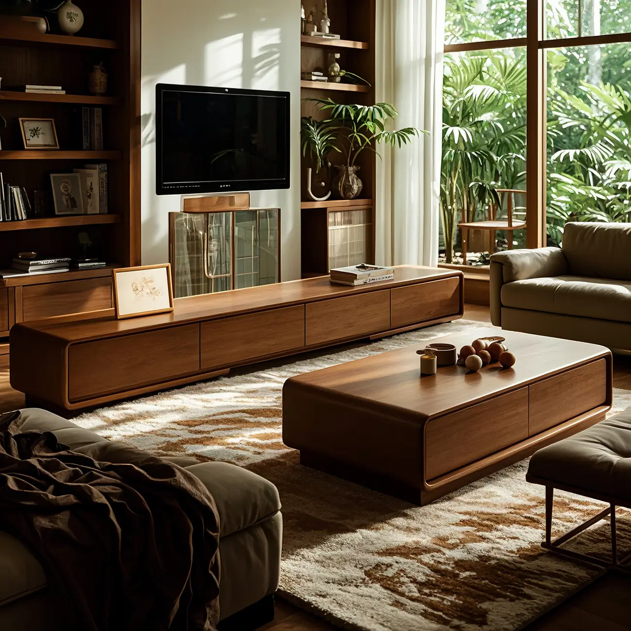 63 Brown Modern Wooden TV Stand with Cable Management