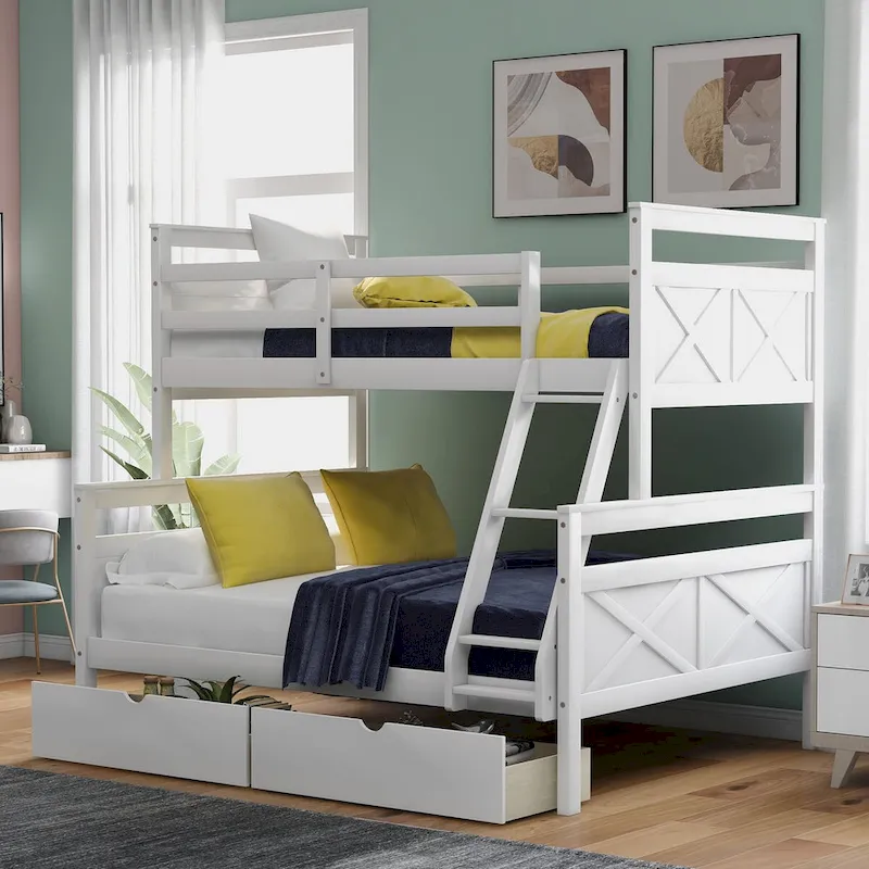 White/Grey Twin-over-Full Bunk Bed with Drawers, 2-Person