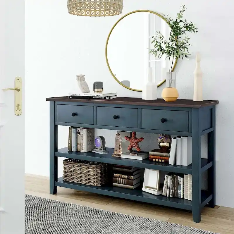 Mid-Century Solid Wood Console Table 3 Drawers 2 Shelves Entryway Storage