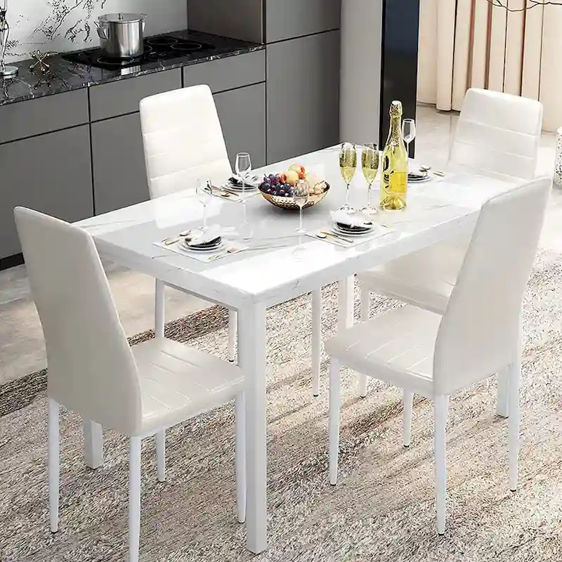 Modern 5-Piece Kitchen Dining Set, Counter Height Dinette Set with Marble Look Top and 4 Upholstered PU Leather Chairs