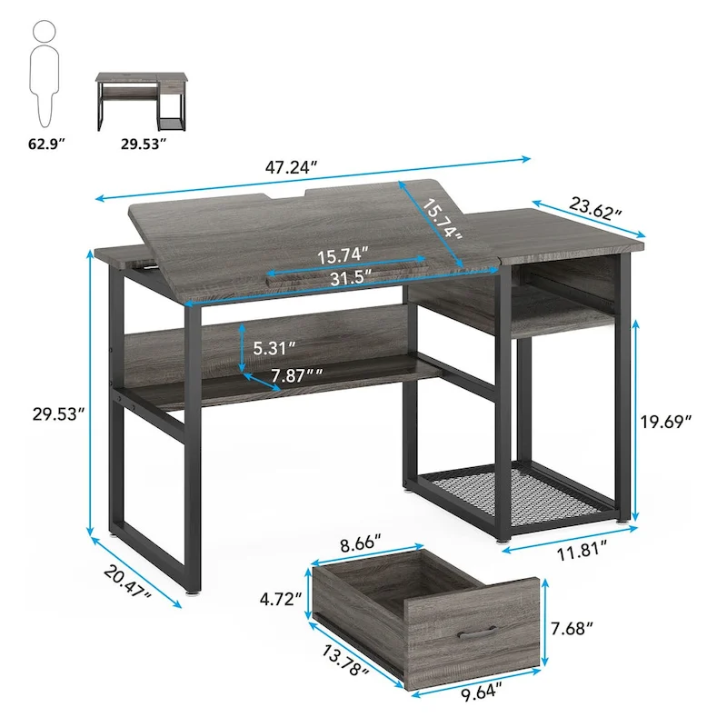 Drafting Table Drawing Computer Desk Artist Craft Table with Adjustable Top