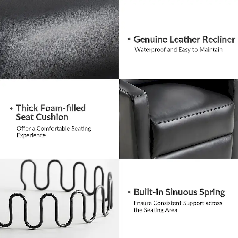 Genuine Leather Swivel Rocker Recliner with Adjustable Headrest - Modern Manual Reclining Chair 360° Rotation