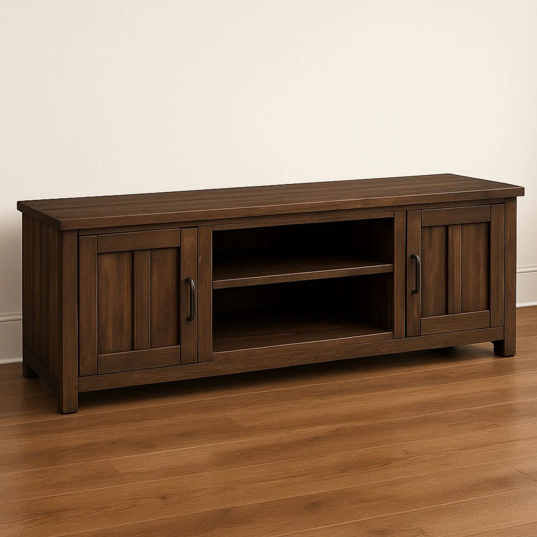 Meuble TV rectangulaire bois avec portes et étagères marron 150x40x50cm