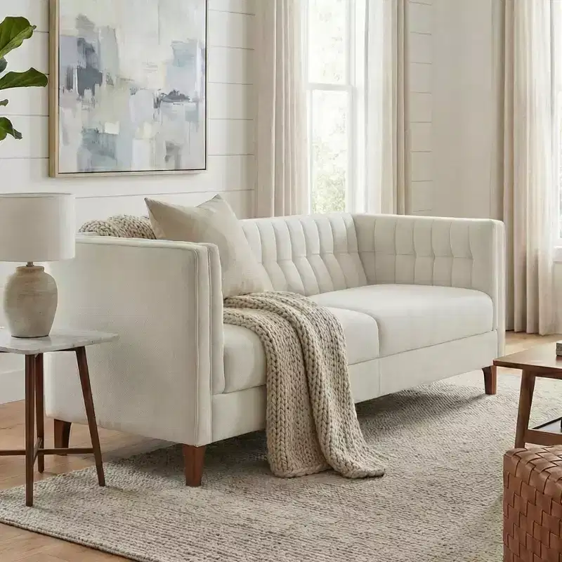 Christopher Knight Home Panadda Modern 76 3-Seater Wooden Chenille Upholstered Sofa with Channel Tufted Backrest