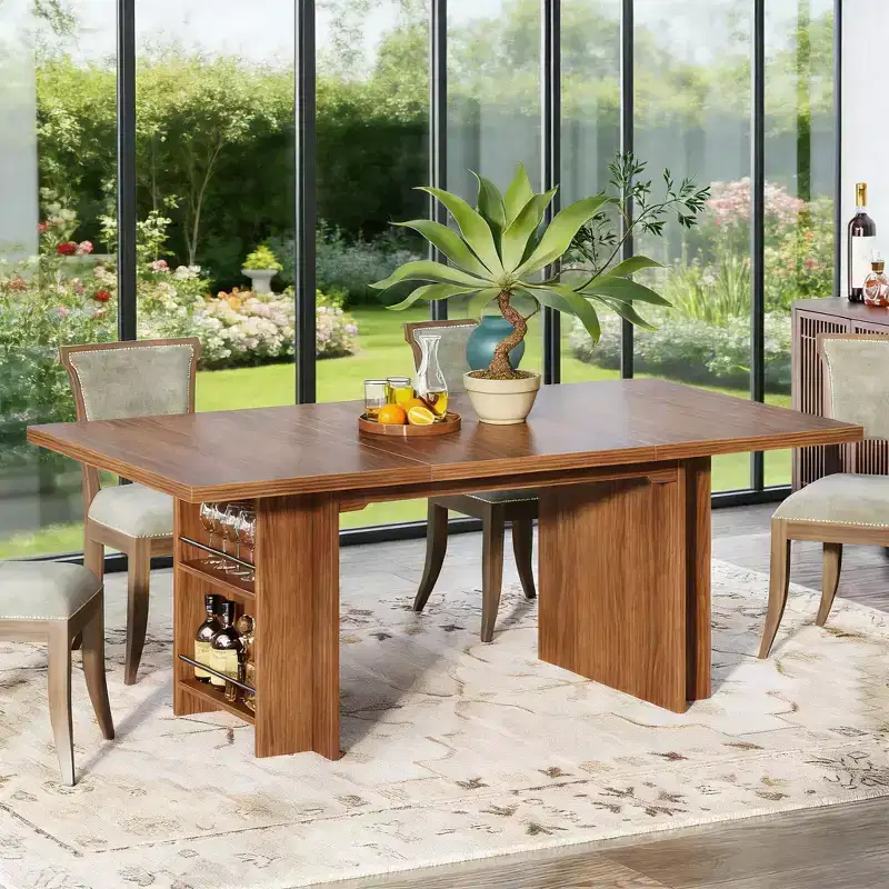 Farmhouse Dining Table Wooden Kitchen Table with Shelves for 6 to 8
