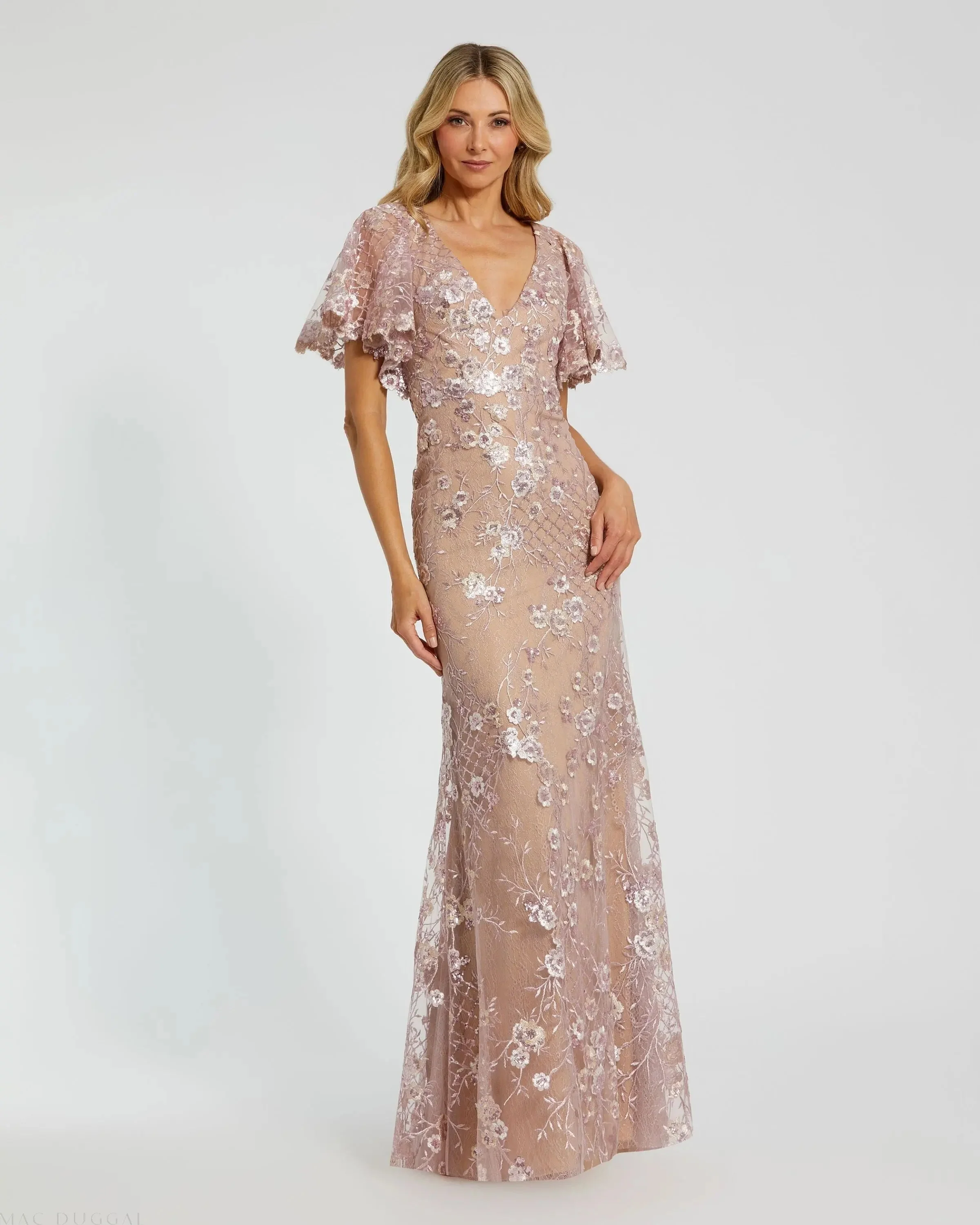 Pink Embellished Lace V Neck Butterfly Sleeve Gown