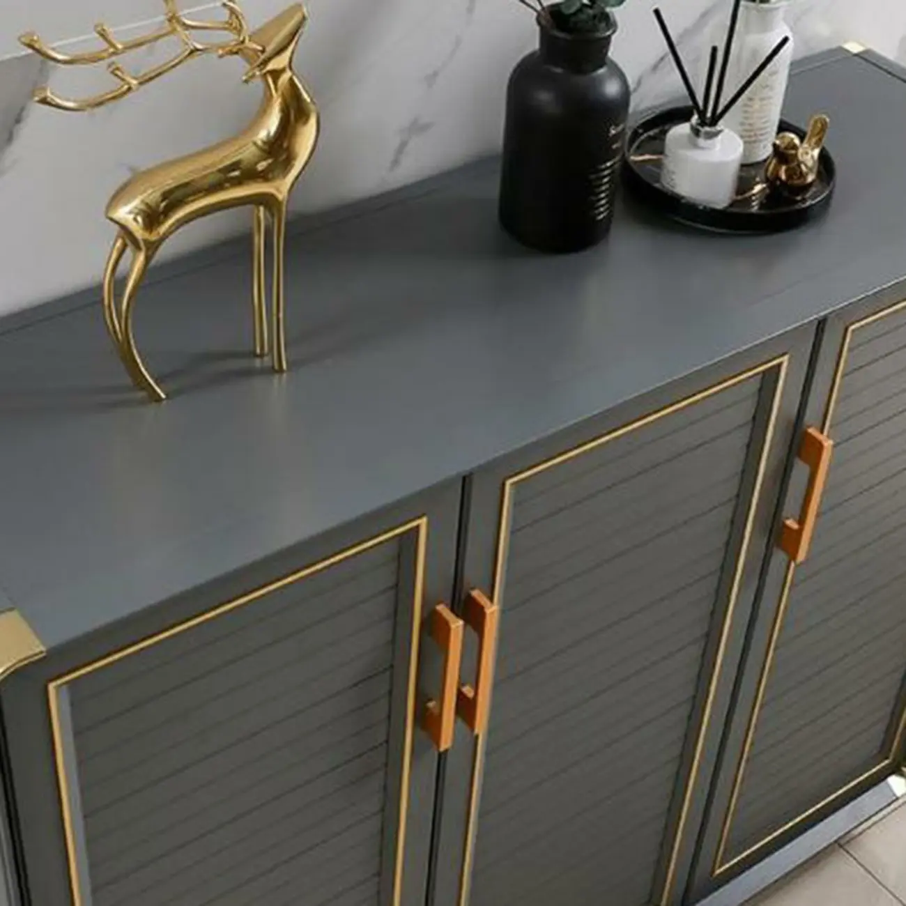 Luxury Grey Metal Entryway Shoe Cabinet with Gold Trim
