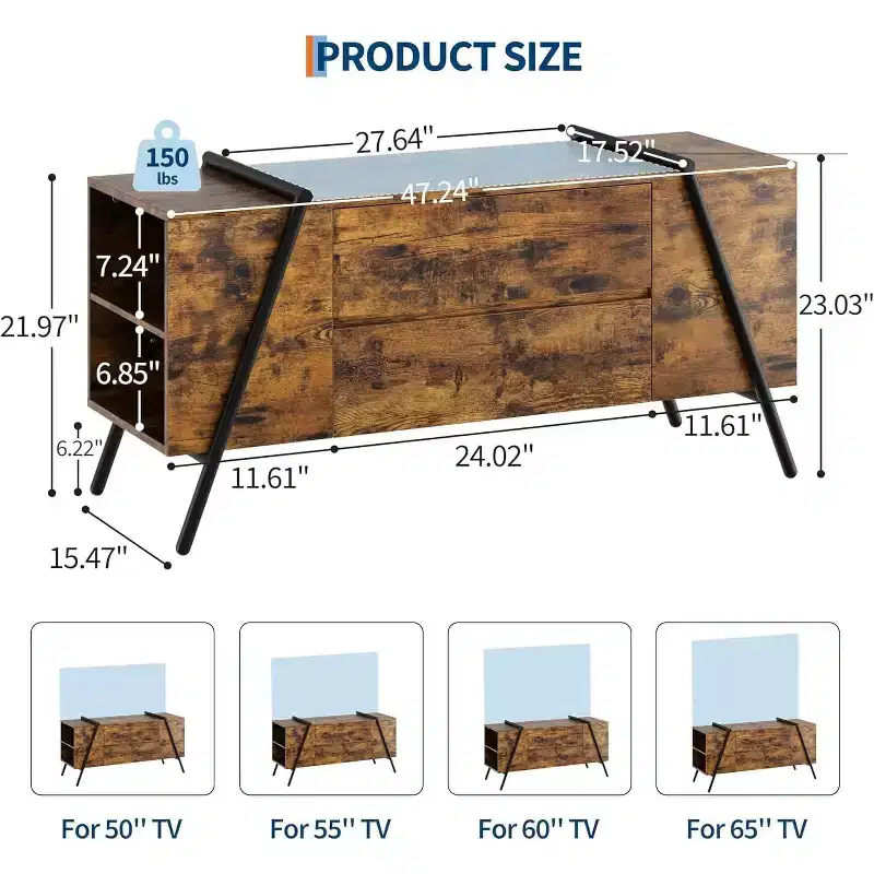TV Stand for 47/55 Inch TV, Entertainment Center with Adjustable Shelf, 2 Drawers, TV Console Table, Media Console, U-Shaped Metal Legs