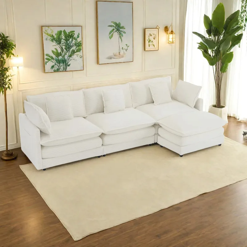 112.6 Corduroy Upholstered L-Shaped Modular Sectional Sofa with Side Storage Pockets