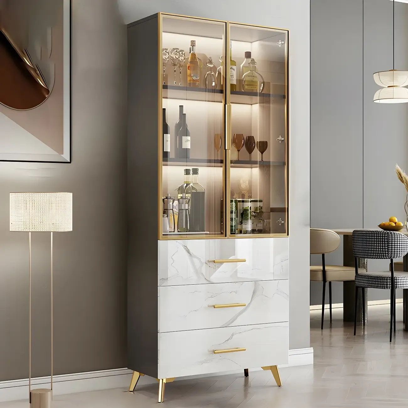 Modern Gold White Marble-Textured Wood Glass Versatile Cabinet
