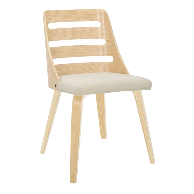 Ladder Back Dining Chair with Bent Wood Legs, Cream/Grey Fabric & Natural/Walnut Wood, Set of 2