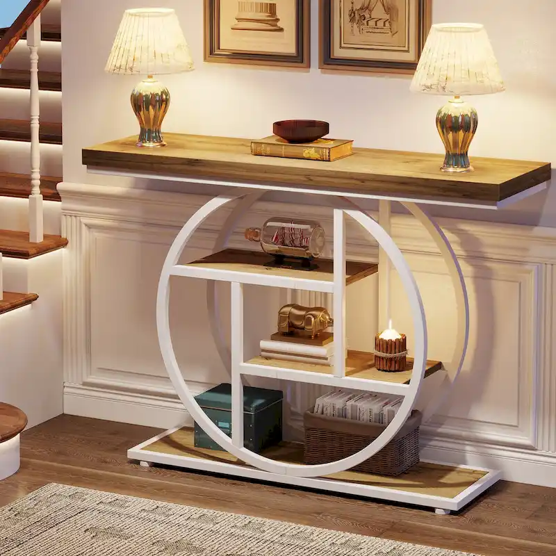 Industrial 4-Tier Sofa Table Entryway Table with Circle Base