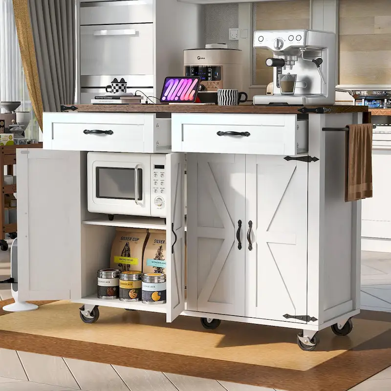 53.5 Farmhouse Kitchen Island - Power Outlet, Drop Leaf, Spice Rack, Drawer, Rolling Cart on Wheels