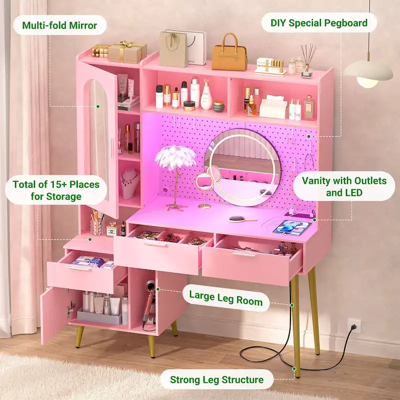 Makeup Vanity with Pegboard and Hutch, Bedroom Vanity Table with Charge Station and LED Light - N/A