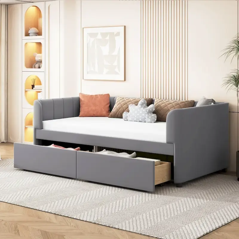Twin Size Upholstered Daybed with Ergonomic Design Backrest and 2 Drawers