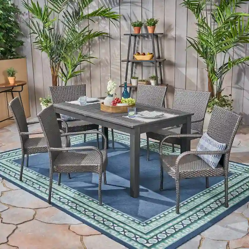 Haye Outdoor Acacia Wood and Wicker 7 Piece Expandable Dining Set by Christopher Knight Home