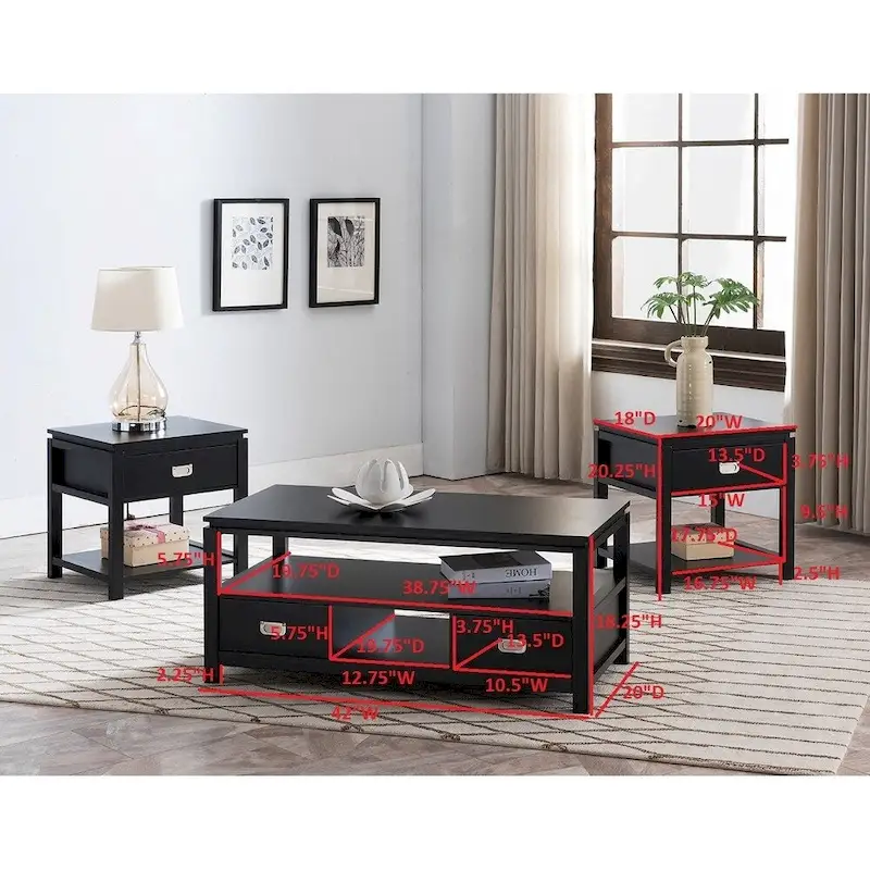 Black Finish Wood 3-Pack Coffee Table