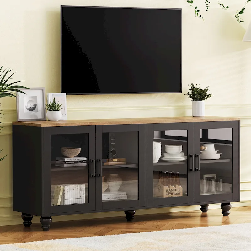 TV Stand for TVs Up to 70 ,Versatile Sideboard,Adjustable Shelves,Tempered Glass Doors,Buffet Cabinet with 5 Gourd-Shaped Legs