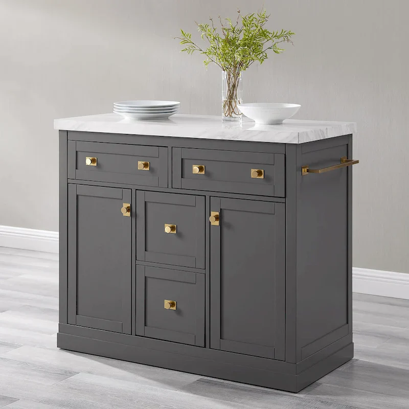 Grey Marble Top Stationary Kitchen Island
