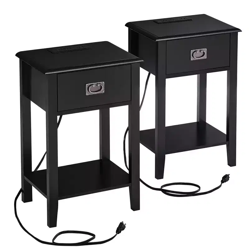 VECELO Nightstand Set of 2-with Charging Station, Black End/Side Table with USB Ports, Nightstands with 3-Drawers Storage Shelf