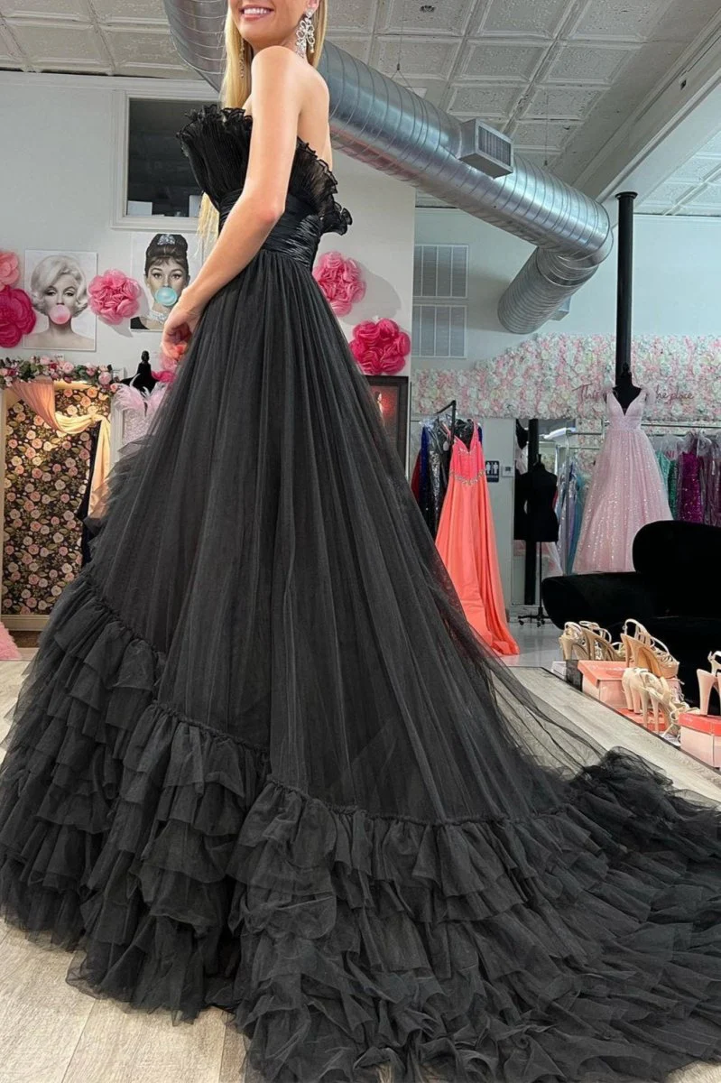 A-Line Strapless Pink Tiered Long Tulle Prom Dress