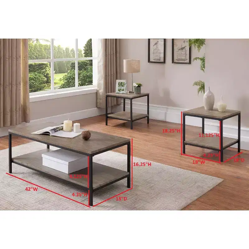 Kings Brand Furniture Helder 3 Piece Gray Finish Wood/Black Metal Frame Occasional Table Set, Coffee Table & 2 End Table