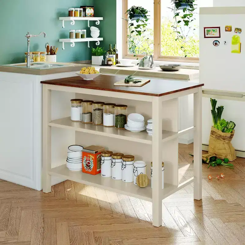 Whisen Rustic 45 Stationary Kitchen Island Cart, Rubber Wood Butcher Block Dining Table Prep Table with 2 Open Shelves - Walnut & Cream White