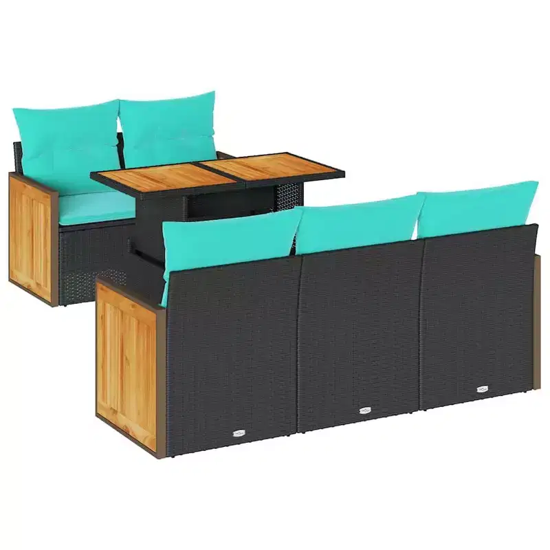 vidaXL 6 Piece Garden Sofa Set with Cushions Black Poly Rattan Acacia