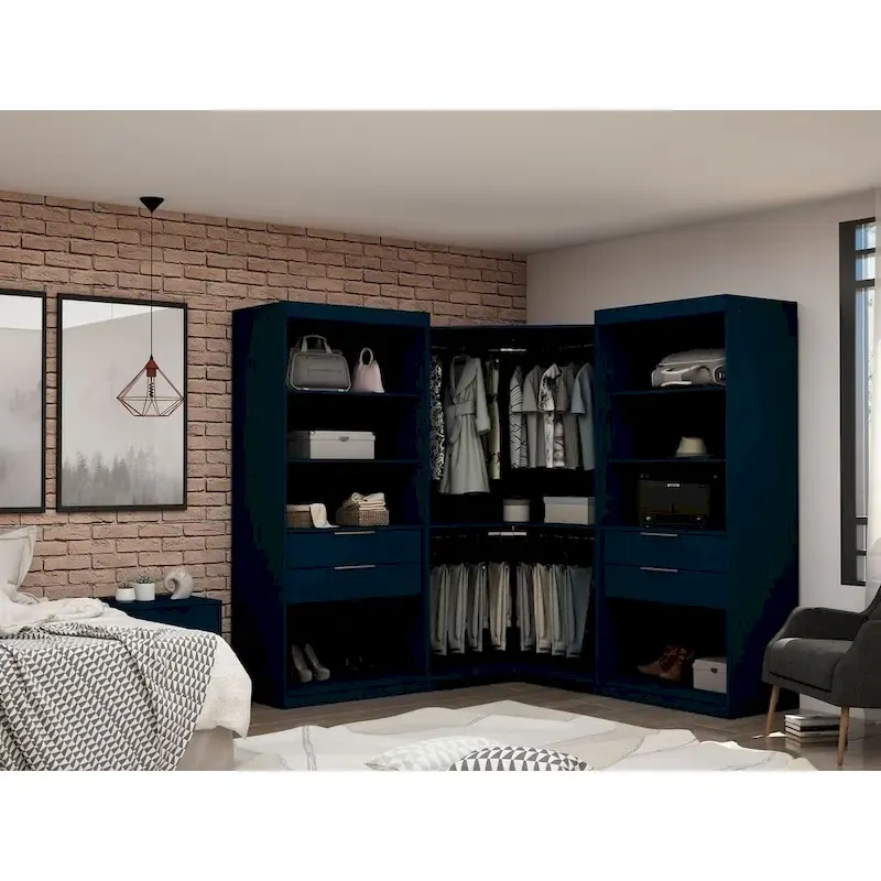 Midnight Blue / Brown / White Modern Corner Wardrobe Closet, Open 3-Section, 1-Person