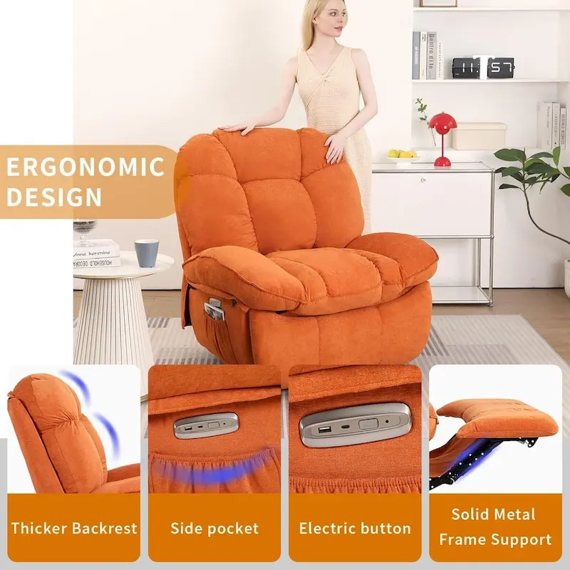 Swivel Power Recliner Chair, Massage Rocker with Heat, USB, USB-C and Side Pocket