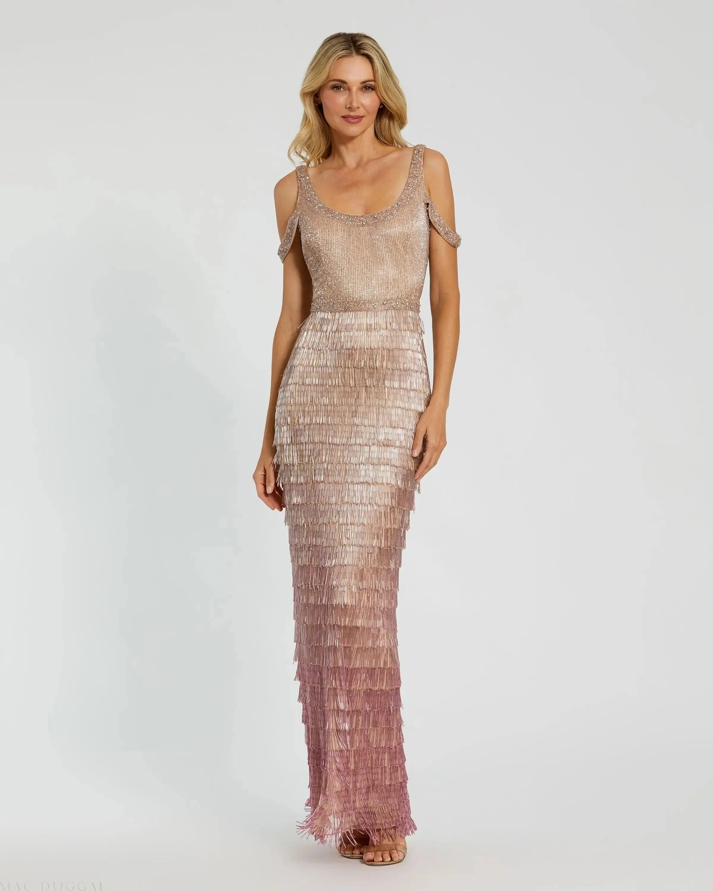 Pink Scoop Neck Embellished Fringe Gown
