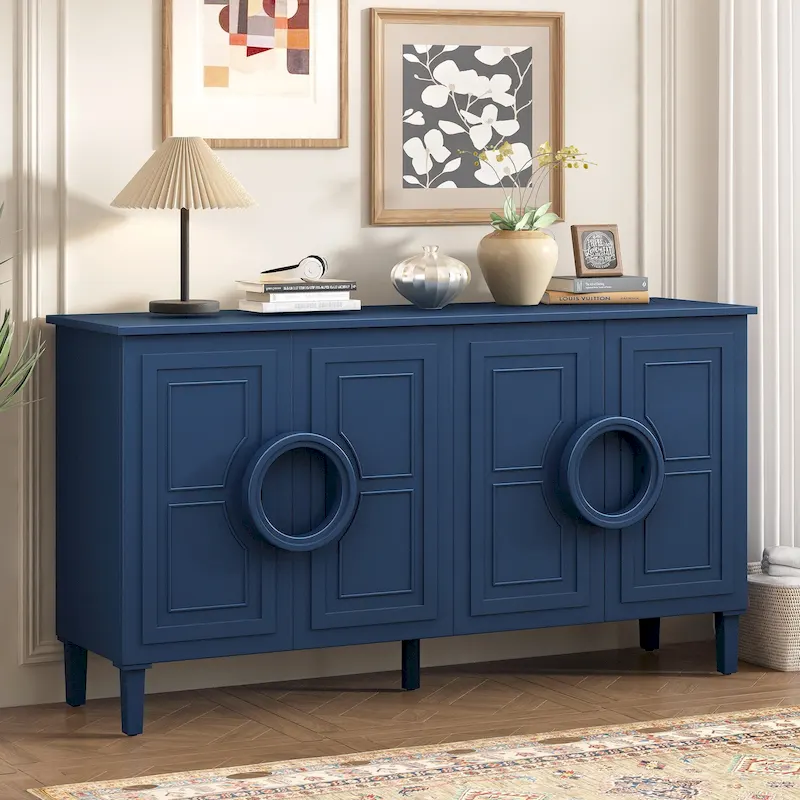 Navy Blue/Black French-Style 4-Door Sideboard Cabinet with Ring Handles