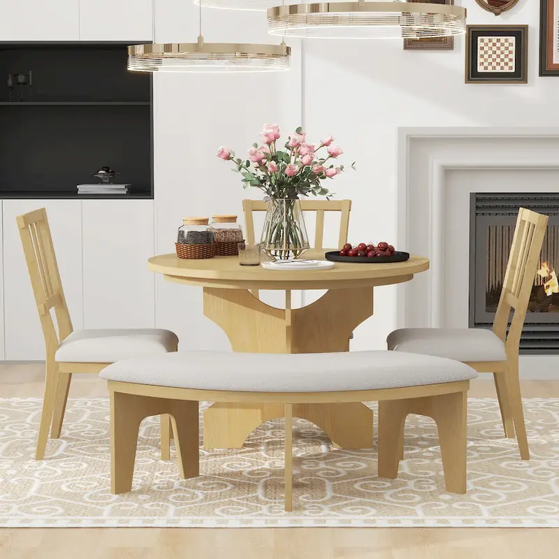 Modern Country Dining Table and Chair Sets Multi-Functional Dining Table and Chair Sets with Curved Table Base and Curved Bench